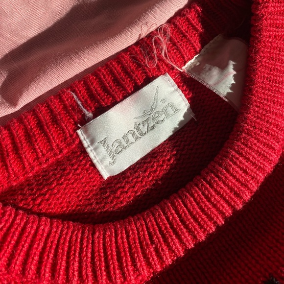 VTG 80s/90s Jantzen Red/Black Argyle Chunky Knit Crewneck Fisherman Sweater - Picture 7 of 12